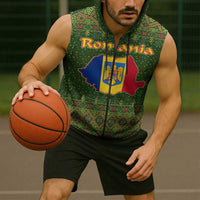 Romania Christmas Sleeveless Zip Hoodie with Map Tricolor Flag Golden Eagle and Santa Motif - Wonder Print Shop