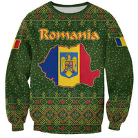 Romania Christmas Sweatshirt with Map Tricolor Flag Golden Eagle and Santa Motif - Wonder Print Shop