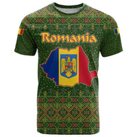 Romania Christmas T Shirt with Map Tricolor Flag Golden Eagle and Santa Motif - Wonder Print Shop