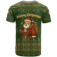 Romania Christmas T Shirt with Map Tricolor Flag Golden Eagle and Santa Motif - Wonder Print Shop