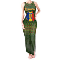 Romania Christmas Tank Maxi Dress with Map Tricolor Flag Golden Eagle and Santa Motif - Wonder Print Shop