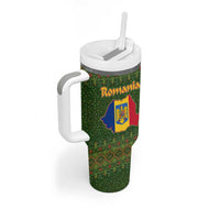 Romania Christmas Tumbler With Handle with Map Tricolor Flag Golden Eagle and Santa Motif - Wonder Print Shop