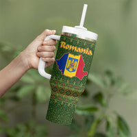 Romania Christmas Tumbler With Handle with Map Tricolor Flag Golden Eagle and Santa Motif - Wonder Print Shop