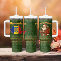 Romania Christmas Tumbler With Handle with Map Tricolor Flag Golden Eagle and Santa Motif - Wonder Print Shop