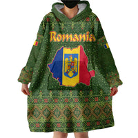 Romania Christmas Wearable Blanket Hoodie with Map Tricolor Flag Golden Eagle and Santa Motif - Wonder Print Shop