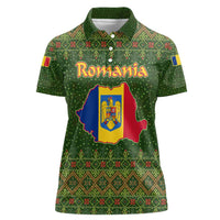 Romania Christmas Women Polo Shirt with Map Tricolor Flag Golden Eagle and Santa Motif - Wonder Print Shop