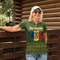 Romania Christmas Women Polo Shirt with Map Tricolor Flag Golden Eagle and Santa Motif - Wonder Print Shop