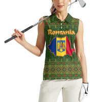 Romania Christmas Women Sleeveless Polo Shirt with Map Tricolor Flag Golden Eagle and Santa Motif - Wonder Print Shop