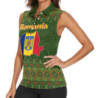 Romania Christmas Women Sleeveless Polo Shirt with Map Tricolor Flag Golden Eagle and Santa Motif - Wonder Print Shop