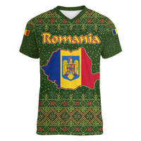 Romania Christmas Women V-Neck T-Shirt with Map Tricolor Flag Golden Eagle and Santa Motif - Wonder Print Shop