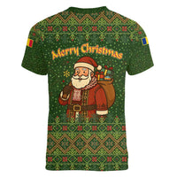 Romania Christmas Women V-Neck T-Shirt with Map Tricolor Flag Golden Eagle and Santa Motif - Wonder Print Shop