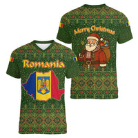 Romania Christmas Women V-Neck T-Shirt with Map Tricolor Flag Golden Eagle and Santa Motif - Wonder Print Shop