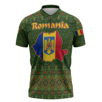 Romania Christmas Zipper Polo Shirt with Map Tricolor Flag Golden Eagle and Santa Motif - Wonder Print Shop