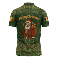 Romania Christmas Zipper Polo Shirt with Map Tricolor Flag Golden Eagle and Santa Motif - Wonder Print Shop