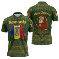 Romania Christmas Zipper Polo Shirt with Map Tricolor Flag Golden Eagle and Santa Motif - Wonder Print Shop