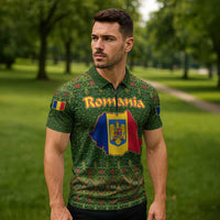 Romania Christmas Zipper Polo Shirt with Map Tricolor Flag Golden Eagle and Santa Motif - Wonder Print Shop