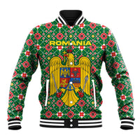 Romania Christmas Baseball Jacket with Green and Red Pattern Golden Eagle and Santa Motif - Wonder Print Shop