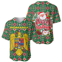 Romania Christmas Baseball Jersey with Green and Red Pattern Golden Eagle and Santa Motif - Wonder Print Shop