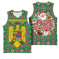Romania Christmas Basketball Jersey with Green and Red Pattern Golden Eagle and Santa Motif - Wonder Print Shop