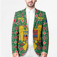 Romania Christmas Blazer with Green and Red Pattern Golden Eagle and Santa Motif - Wonder Print Shop