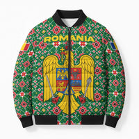Romania Christmas Bomber Puffer Jacket with Green and Red Pattern Golden Eagle and Santa Motif - Wonder Print Shop