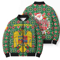 Romania Christmas Bomber Puffer Jacket with Green and Red Pattern Golden Eagle and Santa Motif - Wonder Print Shop