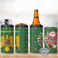 Romania Christmas 4 in 1 Can Cooler Tumbler with Green and Red Pattern Golden Eagle and Santa Motif - Wonder Print Shop
