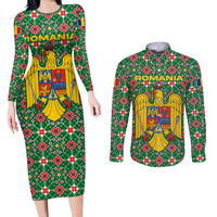 Romania Christmas Couples Matching Long Sleeve Bodycon Dress and Long Sleeve Button Shirt with Green and Red Pattern Golden Eagle and Santa Motif - Wonder Print Shop