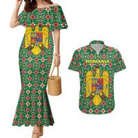 Romania Christmas Couples Matching Mermaid Dress and Hawaiian Shirt with Green and Red Pattern Golden Eagle and Santa Motif - Wonder Print Shop