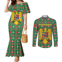 Romania Christmas Couples Matching Mermaid Dress and Long Sleeve Button Shirt with Green and Red Pattern Golden Eagle and Santa Motif - Wonder Print Shop