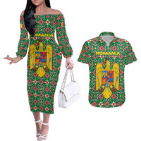 Romania Christmas Couples Matching Off The Shoulder Long Sleeve Dress and Hawaiian Shirt with Green and Red Pattern Golden Eagle and Santa Motif - Wonder Print Shop