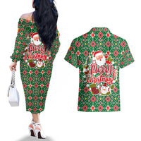 Romania Christmas Couples Matching Off The Shoulder Long Sleeve Dress and Hawaiian Shirt with Green and Red Pattern Golden Eagle and Santa Motif - Wonder Print Shop