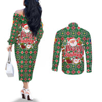 Romania Christmas Couples Matching Off The Shoulder Long Sleeve Dress and Long Sleeve Button Shirt with Green and Red Pattern Golden Eagle and Santa Motif - Wonder Print Shop