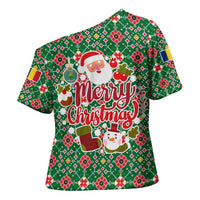 Romania Christmas Cross Shoulder Shirt with Green and Red Pattern Golden Eagle and Santa Motif - Wonder Print Shop