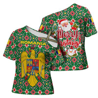 Romania Christmas Cross Shoulder Shirt with Green and Red Pattern Golden Eagle and Santa Motif - Wonder Print Shop