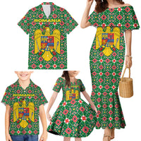 Romania Christmas Family Matching Mermaid Dress and Hawaiian Shirt with Green and Red Pattern Golden Eagle and Santa Motif - Wonder Print Shop