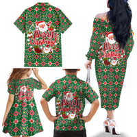 Romania Christmas Family Matching Off The Shoulder Long Sleeve Dress and Hawaiian Shirt with Green and Red Pattern Golden Eagle and Santa Motif - Wonder Print Shop