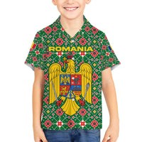Romania Christmas Family Matching Off The Shoulder Long Sleeve Dress and Hawaiian Shirt with Green and Red Pattern Golden Eagle and Santa Motif - Wonder Print Shop