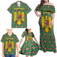 Romania Christmas Family Matching Off Shoulder Maxi Dress and Hawaiian Shirt with Green and Red Pattern Golden Eagle and Santa Motif - Wonder Print Shop