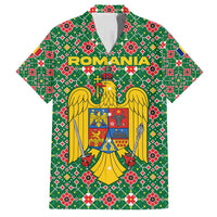 Romania Christmas Family Matching Off Shoulder Maxi Dress and Hawaiian Shirt with Green and Red Pattern Golden Eagle and Santa Motif - Wonder Print Shop