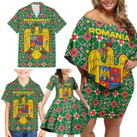Romania Christmas Family Matching Off Shoulder Short Dress and Hawaiian Shirt with Green and Red Pattern Golden Eagle and Santa Motif - Wonder Print Shop