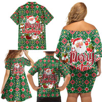 Romania Christmas Family Matching Off Shoulder Short Dress and Hawaiian Shirt with Green and Red Pattern Golden Eagle and Santa Motif - Wonder Print Shop