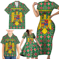Romania Christmas Family Matching Short Sleeve Bodycon Dress and Hawaiian Shirt with Green and Red Pattern Golden Eagle and Santa Motif - Wonder Print Shop