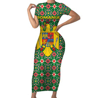 Romania Christmas Family Matching Short Sleeve Bodycon Dress and Hawaiian Shirt with Green and Red Pattern Golden Eagle and Santa Motif - Wonder Print Shop