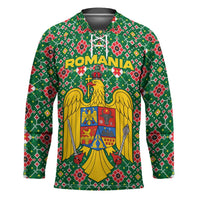 Romania Christmas Hockey Jersey with Green and Red Pattern Golden Eagle and Santa Motif - Wonder Print Shop