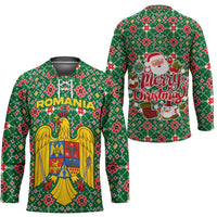 Romania Christmas Hockey Jersey with Green and Red Pattern Golden Eagle and Santa Motif - Wonder Print Shop