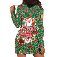 Romania Christmas Hoodie Dress with Green and Red Pattern Golden Eagle and Santa Motif - Wonder Print Shop