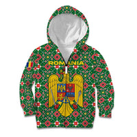 Romania Christmas Kid Hoodie with Green and Red Pattern Golden Eagle and Santa Motif - Wonder Print Shop