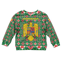 Romania Christmas Kid Ugly Christmas Sweater with Green and Red Pattern Golden Eagle and Santa Motif - Wonder Print Shop