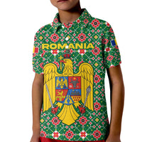 Romania Christmas Kid Polo Shirt with Green and Red Pattern Golden Eagle and Santa Motif - Wonder Print Shop